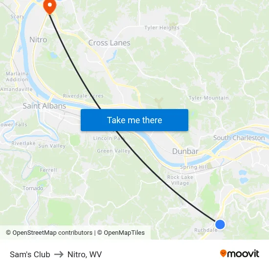 Sam's Club to Nitro, WV map