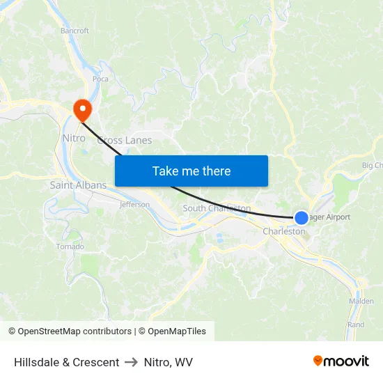 Hillsdale & Crescent to Nitro, WV map