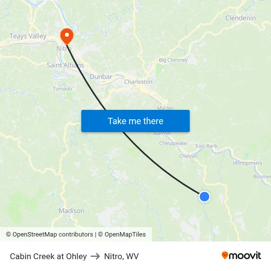 Cabin Creek at Ohley to Nitro, WV map