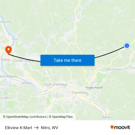Elkview K-Mart to Nitro, WV map