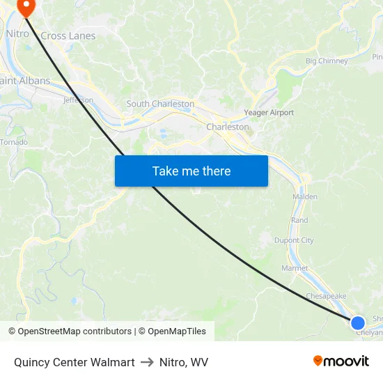 Quincy Center Walmart to Nitro, WV map