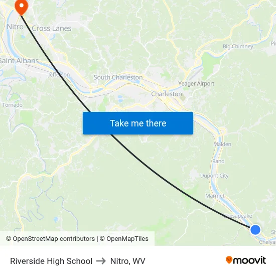 Riverside High School to Nitro, WV map