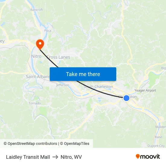 Laidley Transit Mall to Nitro, WV map