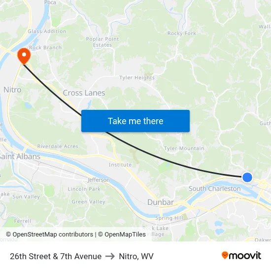 26th Street & 7th Avenue to Nitro, WV map