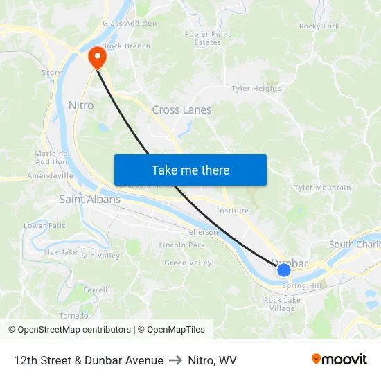 12th Street & Dunbar Avenue to Nitro, WV map