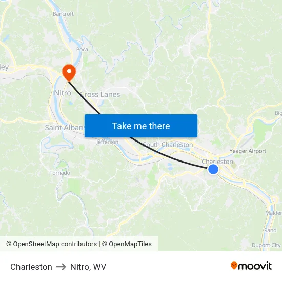 Charleston to Nitro, WV map