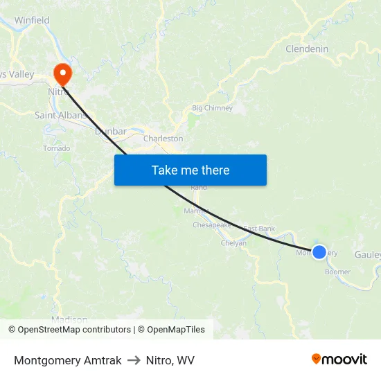 Montgomery Amtrak to Nitro, WV map