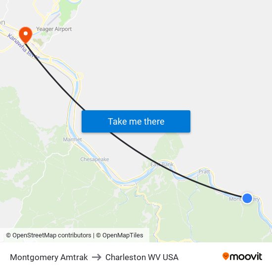 Montgomery Amtrak to Charleston WV USA map