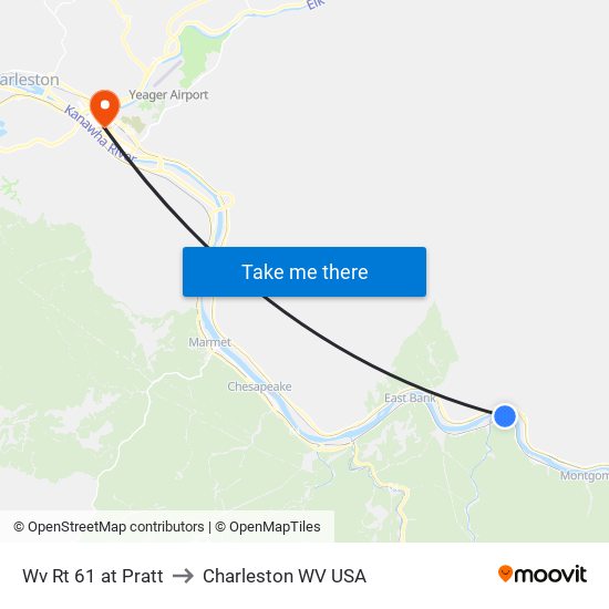 Wv Rt 61 at Pratt to Charleston WV USA map