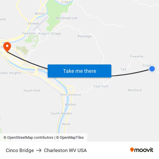 Cinco Bridge to Charleston WV USA map