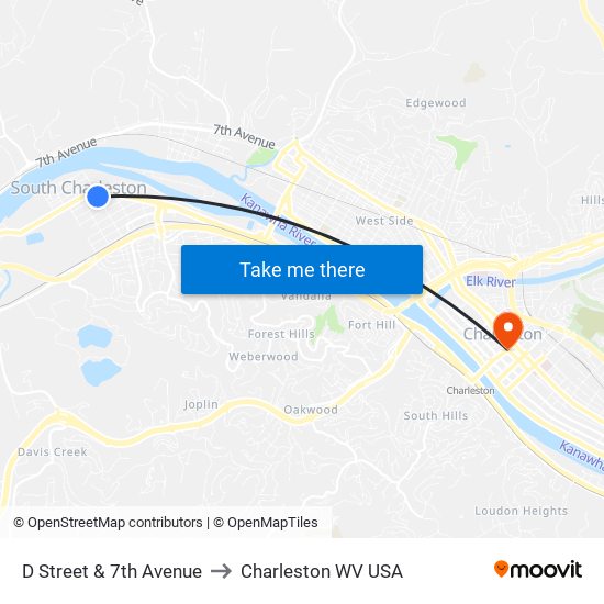 D Street & 7th Avenue to Charleston WV USA map