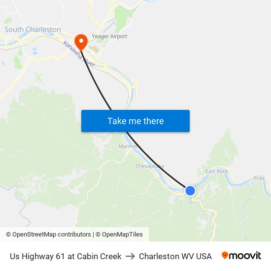 Us Highway 61 at Cabin Creek to Charleston WV USA map