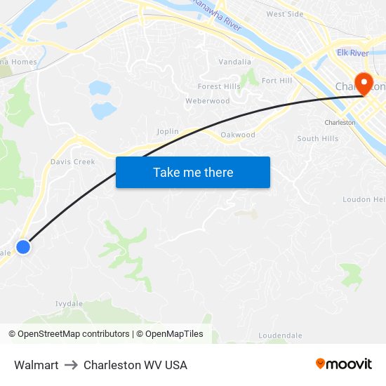 Walmart to Charleston WV USA map