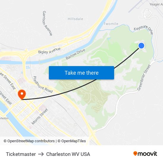 Ticketmaster to Charleston WV USA map