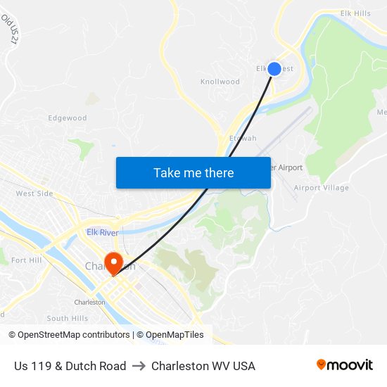 Us 119 & Dutch Road to Charleston WV USA map