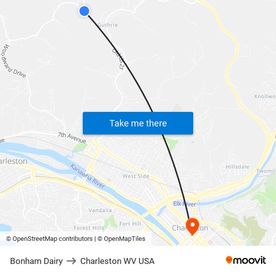 Bonham Dairy to Charleston WV USA map