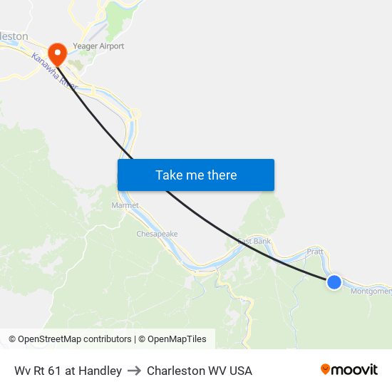 Wv Rt 61 at Handley to Charleston WV USA map