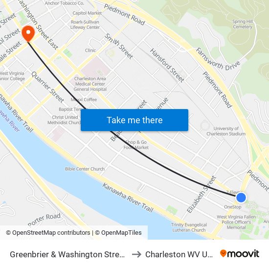 Greenbrier & Washington Streets to Charleston WV USA map