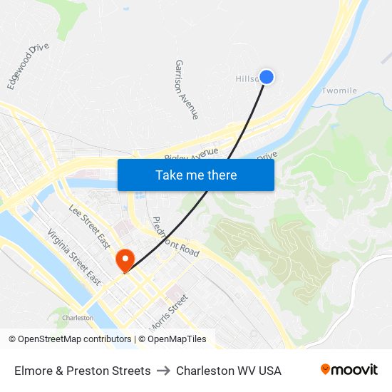 Elmore & Preston Streets to Charleston WV USA map