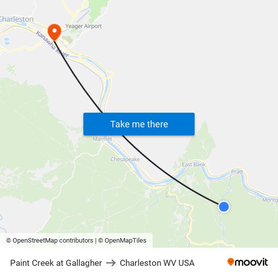 Paint Creek at Gallagher to Charleston WV USA map