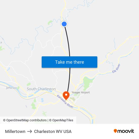 Millertown to Charleston WV USA map