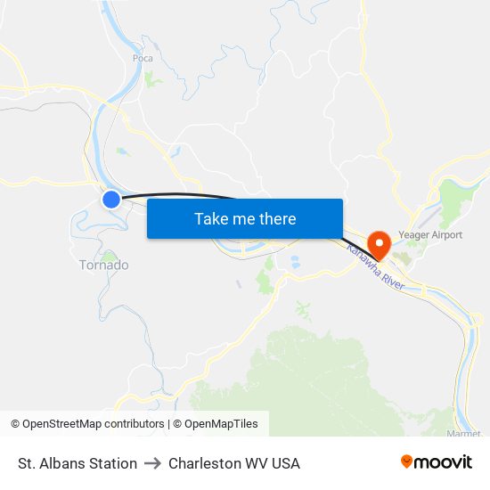 St. Albans Station to Charleston WV USA map