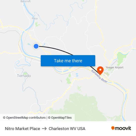 Nitro Market Place to Charleston WV USA map