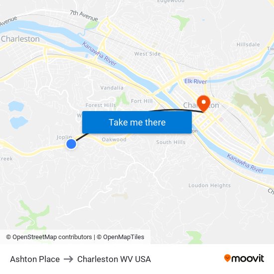 Ashton Place to Charleston WV USA map