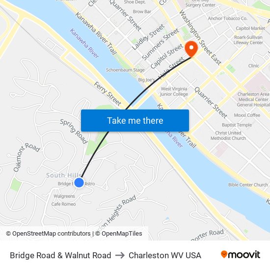 Bridge Road & Walnut Road to Charleston WV USA map