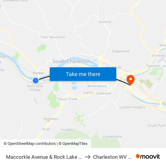 Maccorkle Avenue & Rock Lake Drive to Charleston WV USA map