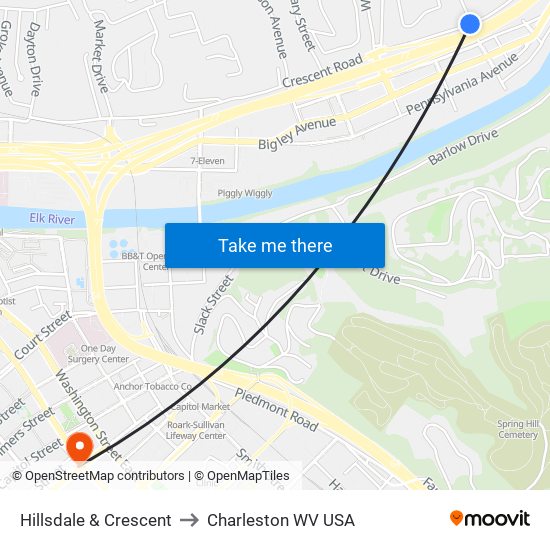 Hillsdale & Crescent to Charleston WV USA map