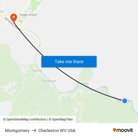 Montgomery to Charleston WV USA map