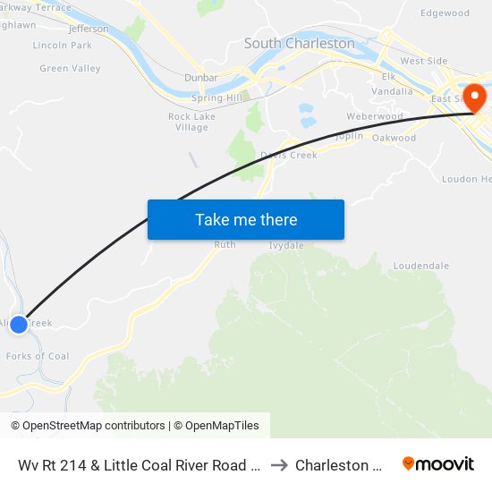 Wv Rt 214 & Little Coal River Road (Old Faschek) to Charleston WV USA map