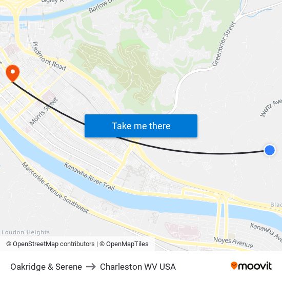 Oakridge & Serene to Charleston WV USA map