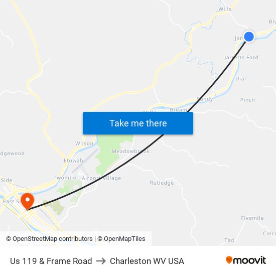 Us 119 & Frame Road to Charleston WV USA map