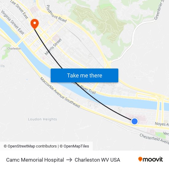 Camc Memorial Hospital to Charleston WV USA map