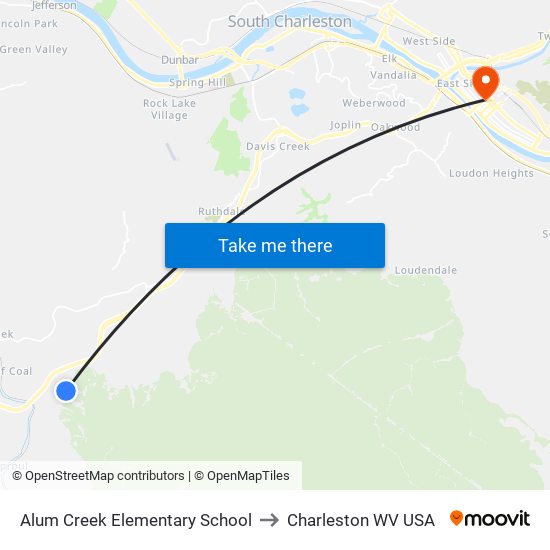 Alum Creek Elementary School to Charleston WV USA map