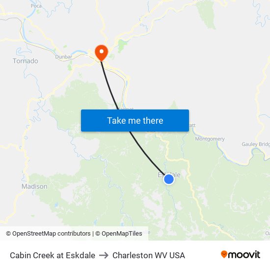 Cabin Creek at Eskdale to Charleston WV USA map