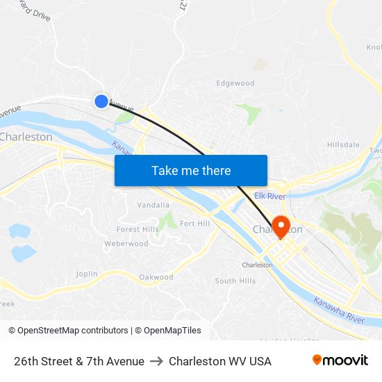 26th Street & 7th Avenue to Charleston WV USA map