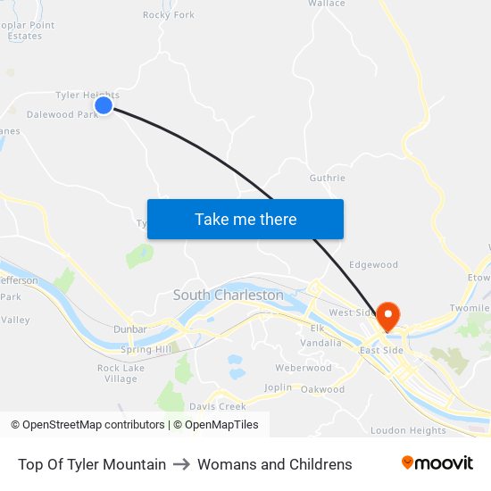 Top Of Tyler Mountain to Womans and Childrens map