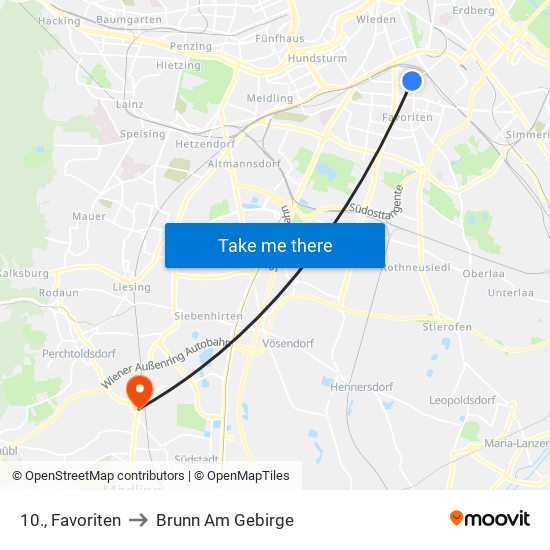 10., Favoriten to Brunn Am Gebirge map