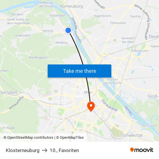 Klosterneuburg to 10., Favoriten map