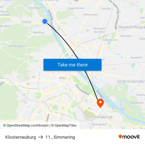 Klosterneuburg to 11., Simmering map