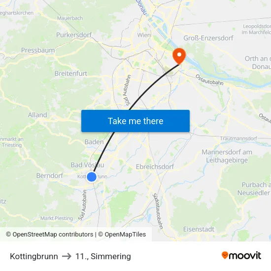 Kottingbrunn to 11., Simmering map