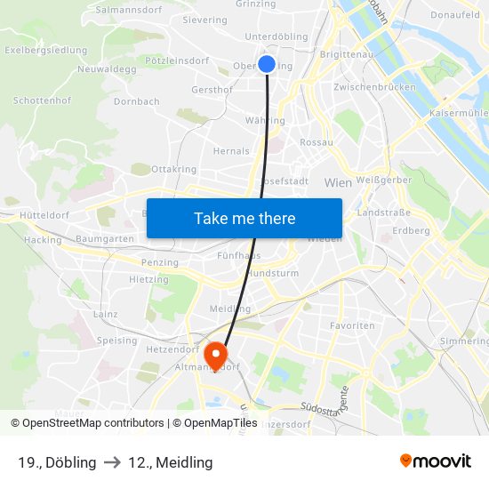 19., Döbling to 12., Meidling map