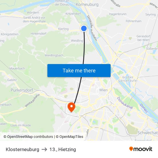 Klosterneuburg to 13., Hietzing map