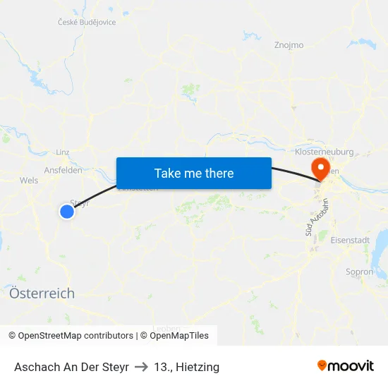 Aschach An Der Steyr to 13., Hietzing map