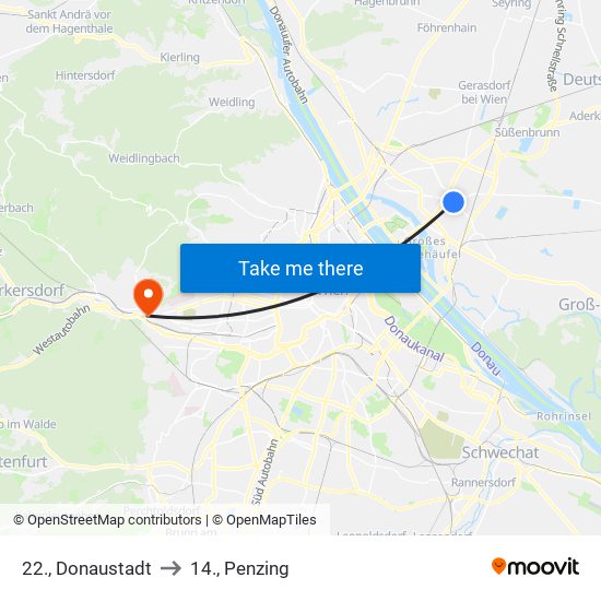 22., Donaustadt to 14., Penzing map