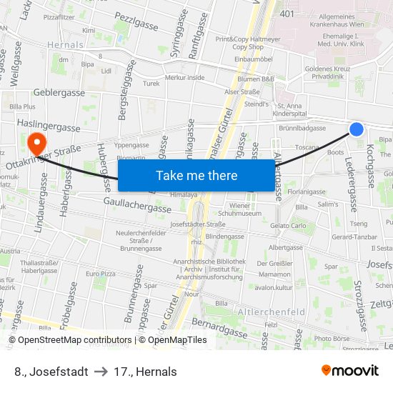 8., Josefstadt to 17., Hernals map