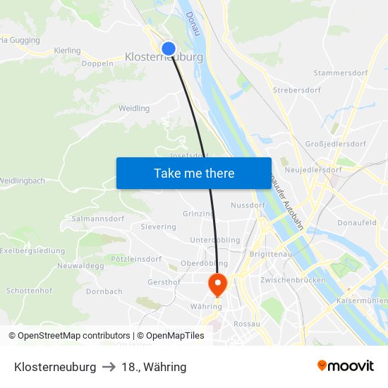 Klosterneuburg to 18., Währing map